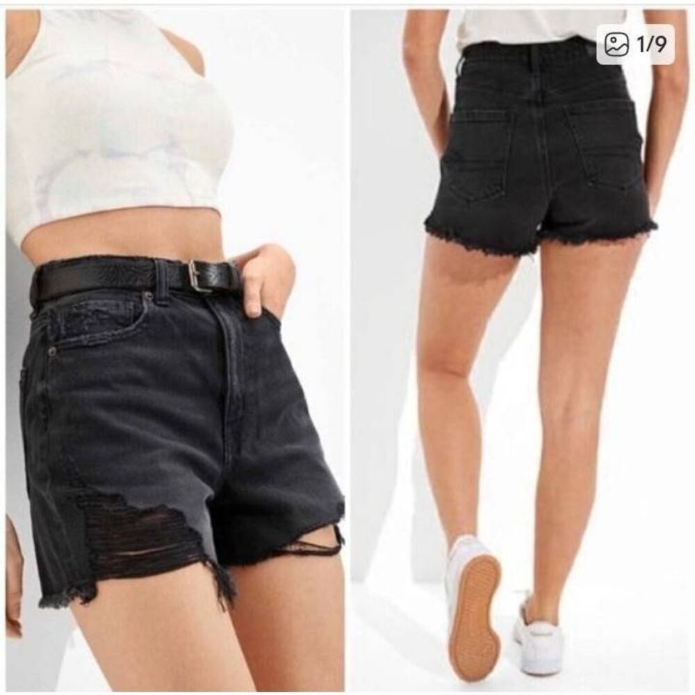 American eagle outfitters black distressed jean highest rise mom shorts size 6